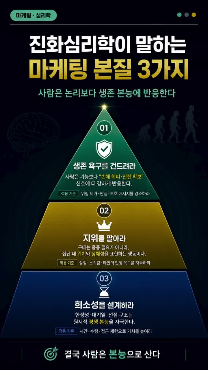 진화심리학이 말하는 마케팅 본질 세 가지를 소개하는 세로 영상 표지