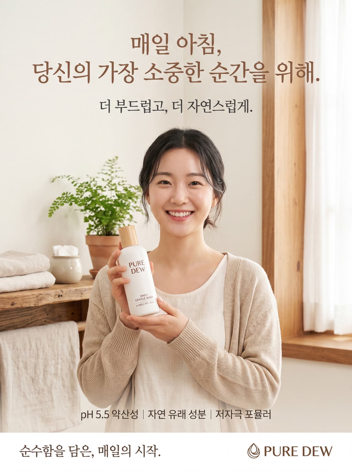 밝은 침실에서 모델이 스킨케어 제품을 들고 있는 광고 이미지